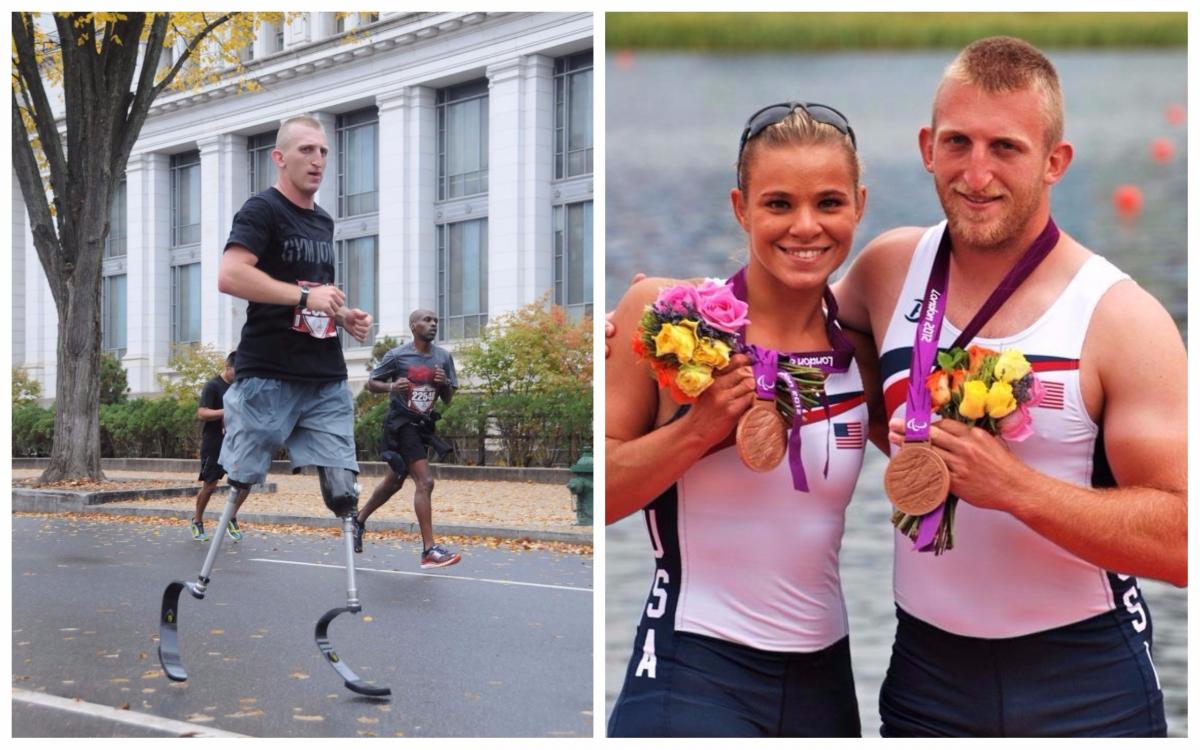 a Para athlete running and a pair of Para rowers pose on the podium with their medals