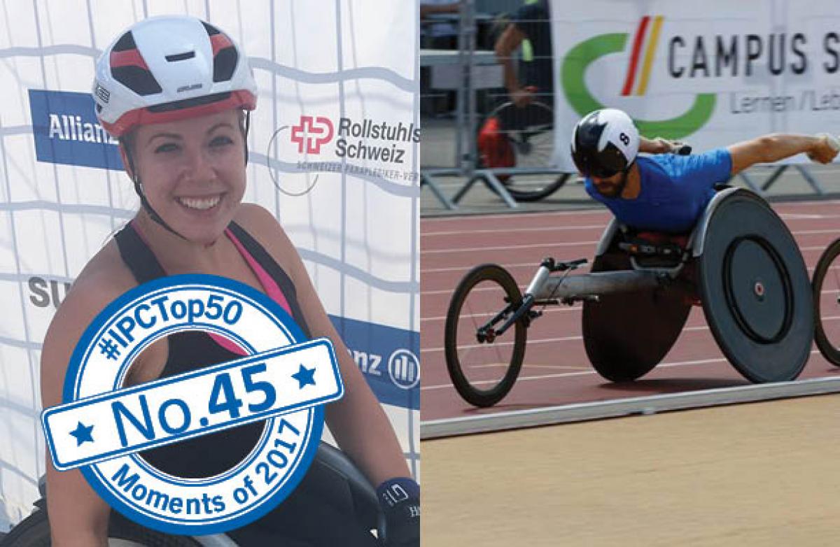 a female and male wheelchair racer