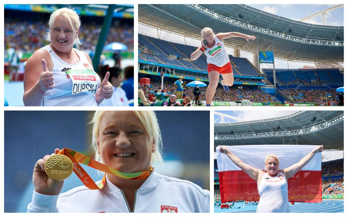 Ewa Durska - collage a female Para athlete celebrates winning gold at the Paralympic Games