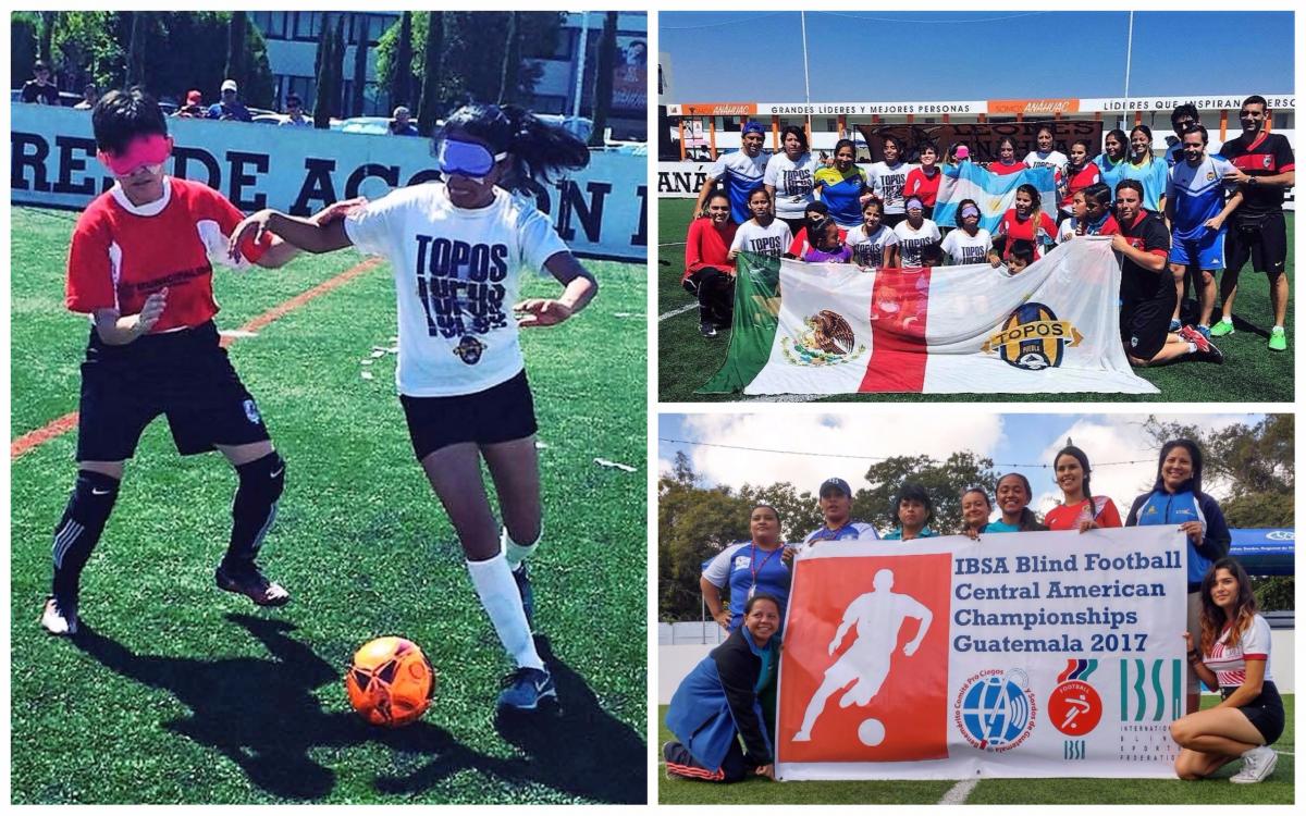 Blind female footballers playing a game