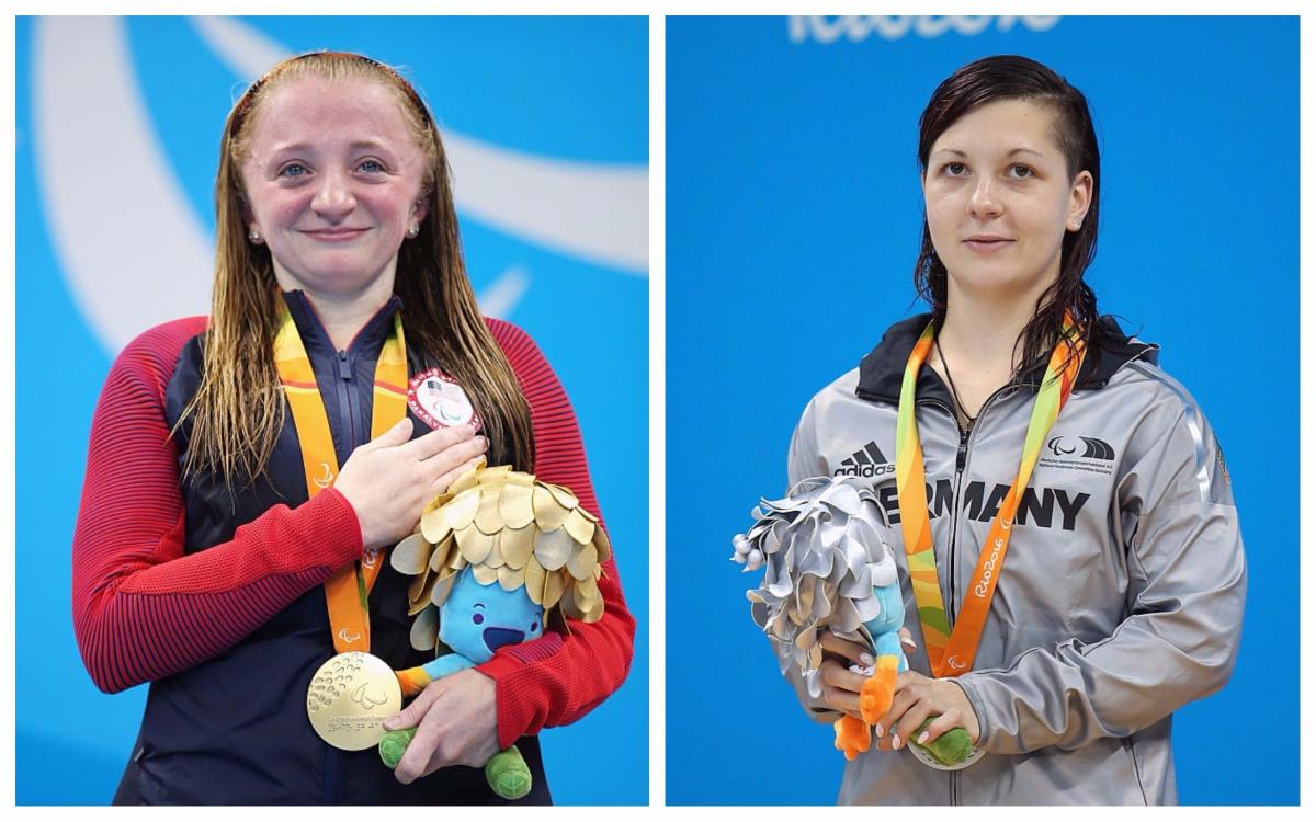 two female Para swimmers stand on the podium with their medals