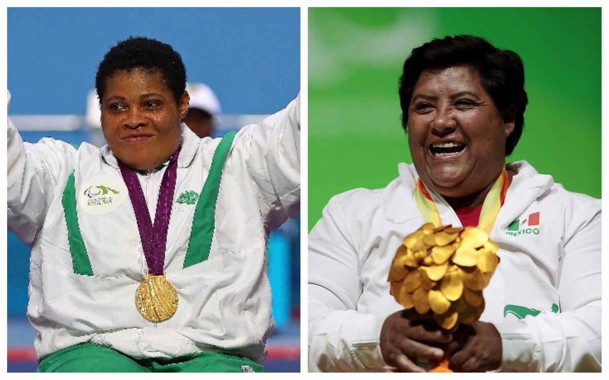 Loveline Obiji vs. Catalina Diaz Vilchis two female Para powerlifters celebrate with their medals