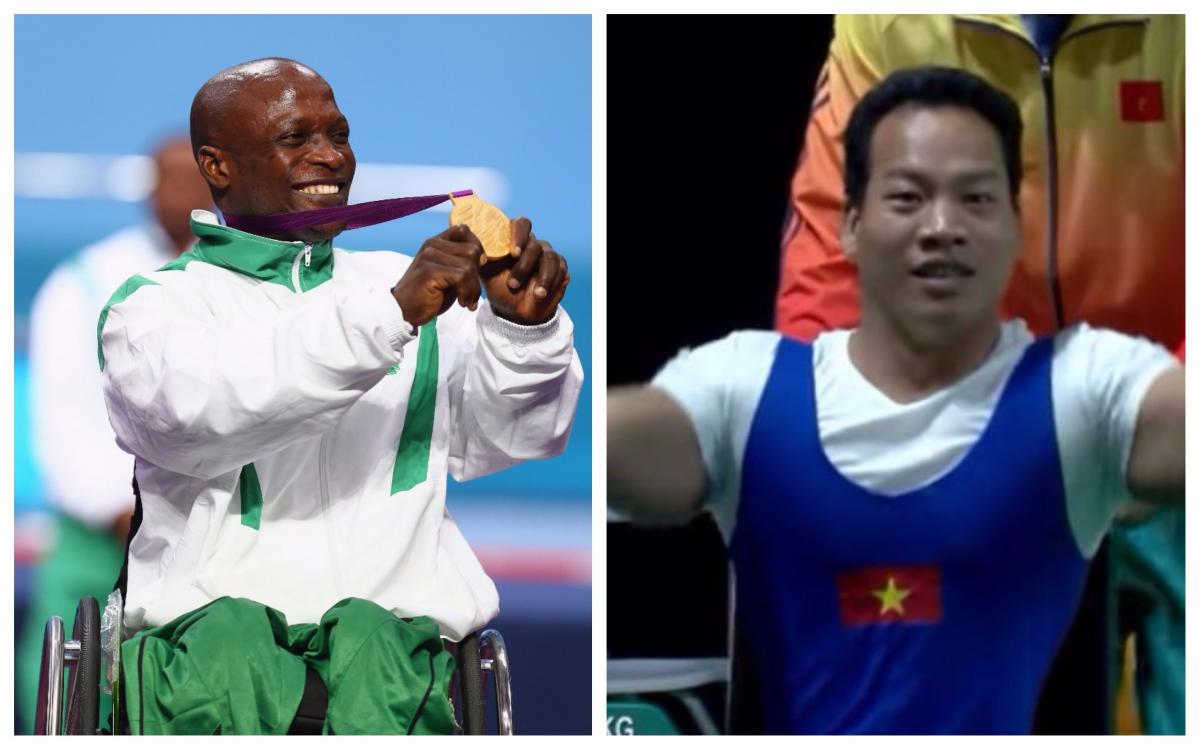 Le Van Cong vs. Adesokan Yakubu two male Para powerlifters celebrate