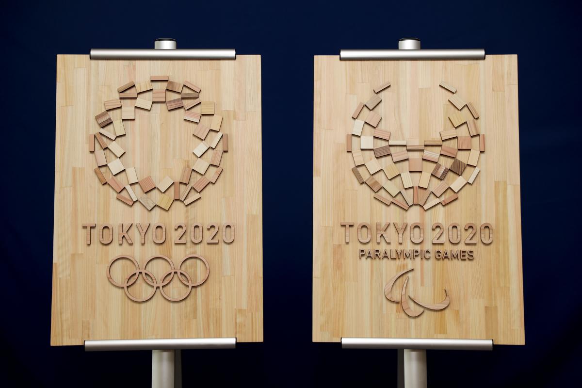 Two wooden emblems for Toyko 2020