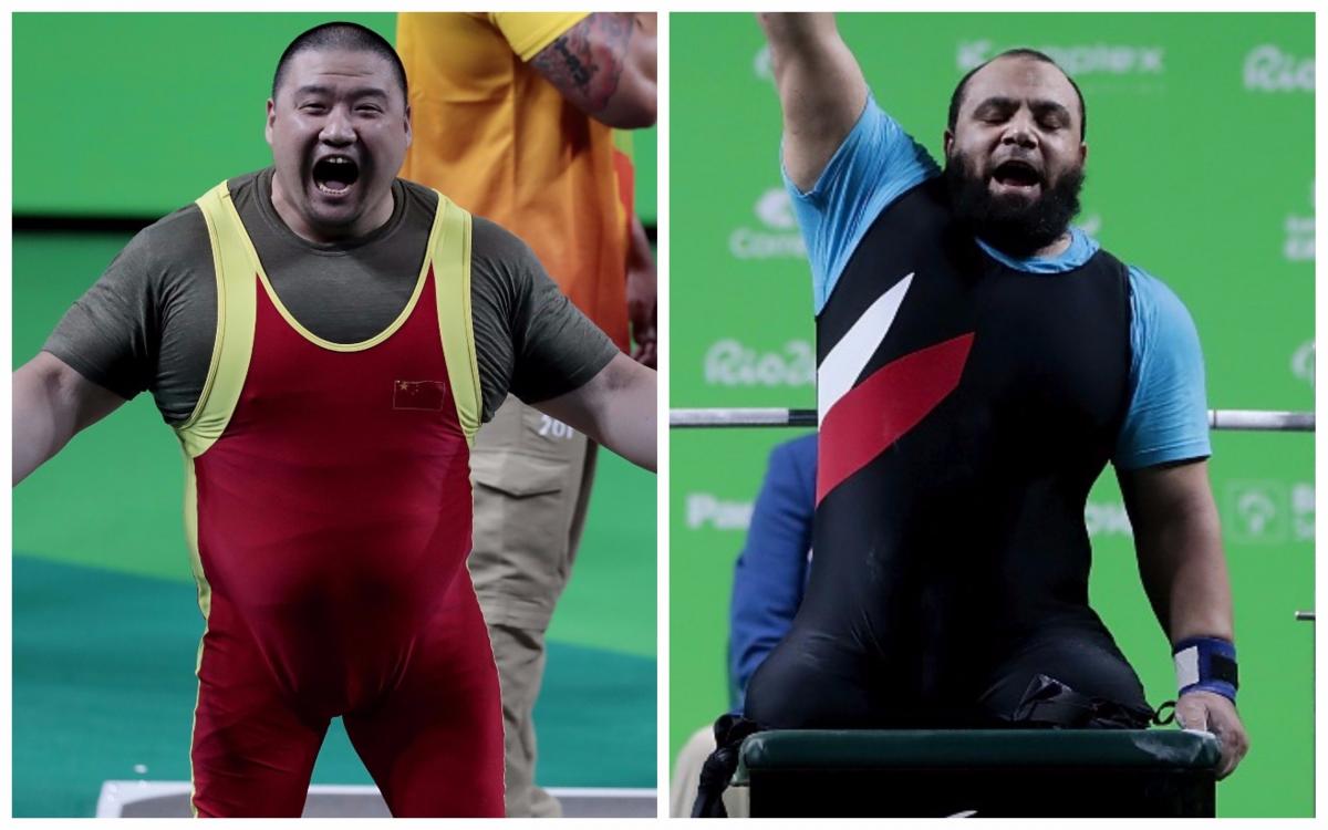 Mohamed Eldib vs. Qi Dong two male Para powerlifters on the bench