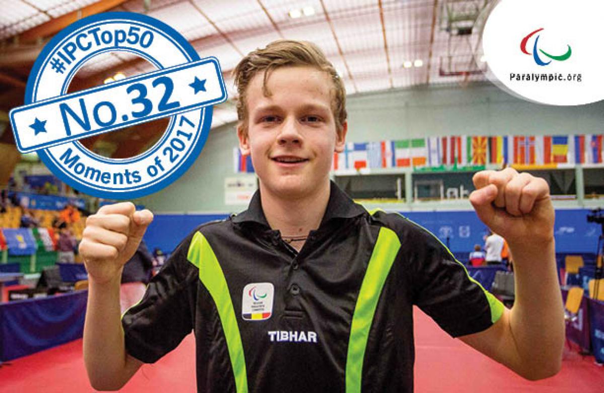 Top 50 Moments - No 32 Laurens Devos a male Para table tennis player gives a thumbs up to the camera