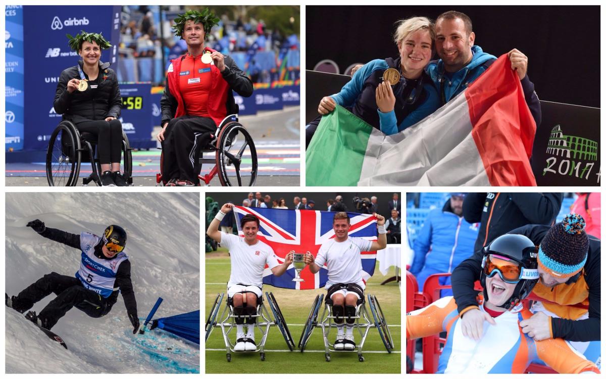 Para athletes celebrating wins in marathon, fencing, wheelchair tennis, snowboard and alpine skiing