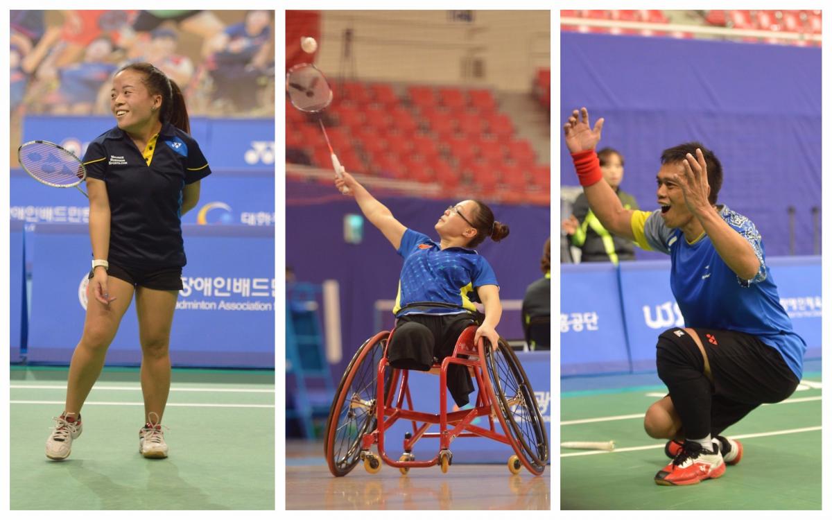 three Para badminton players celebrate on the court