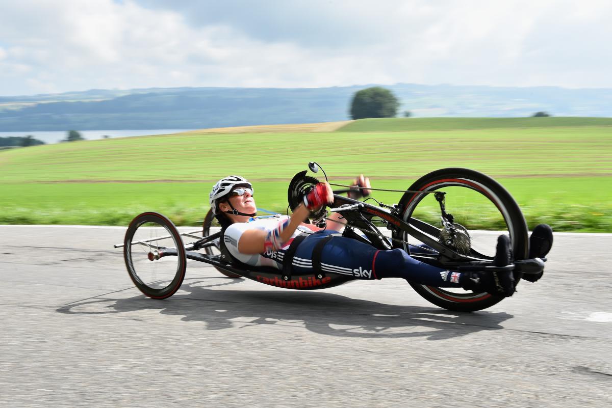 Karen Darke a female Para cyclist on the road