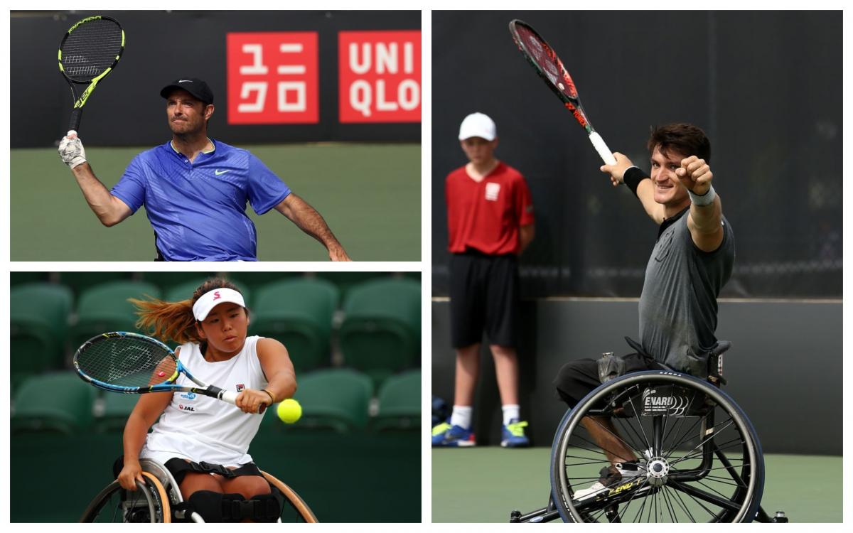 three wheelchair tennis players playing shots