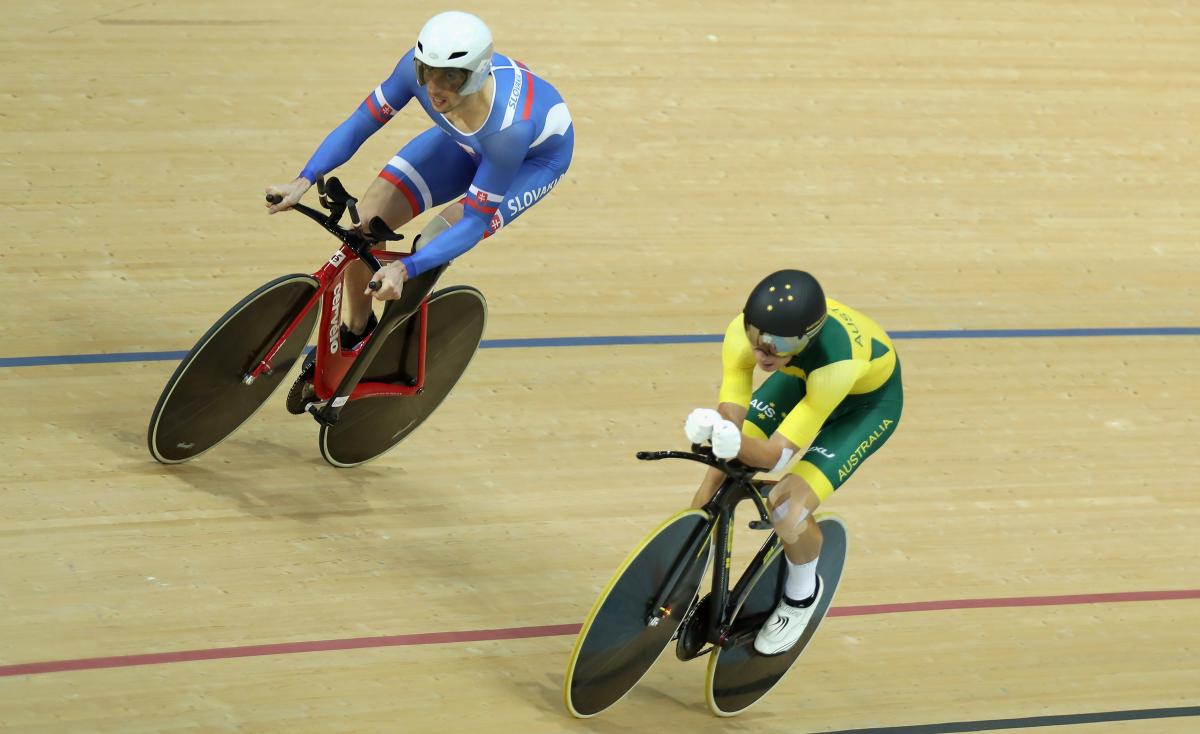 Australia's Kyle Bridgewood goes head-to-head with Slovakia's Jozef Metelka at the Rio 2016 Paralympic Games.