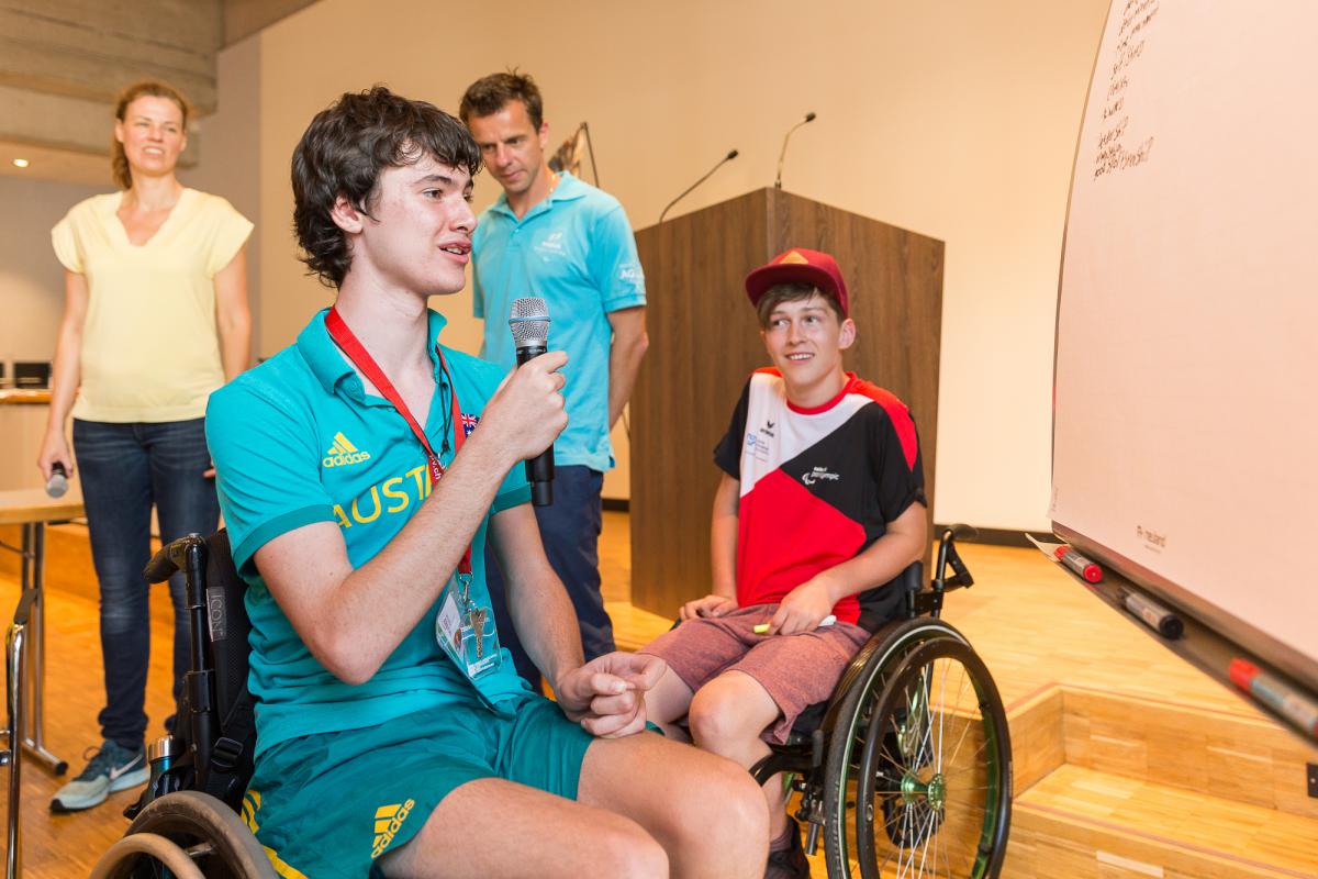 Two athletes take part in a Proud Paralympian workshop ahead of World Para Athletics Junior Championships in Nottwil, Switzerland