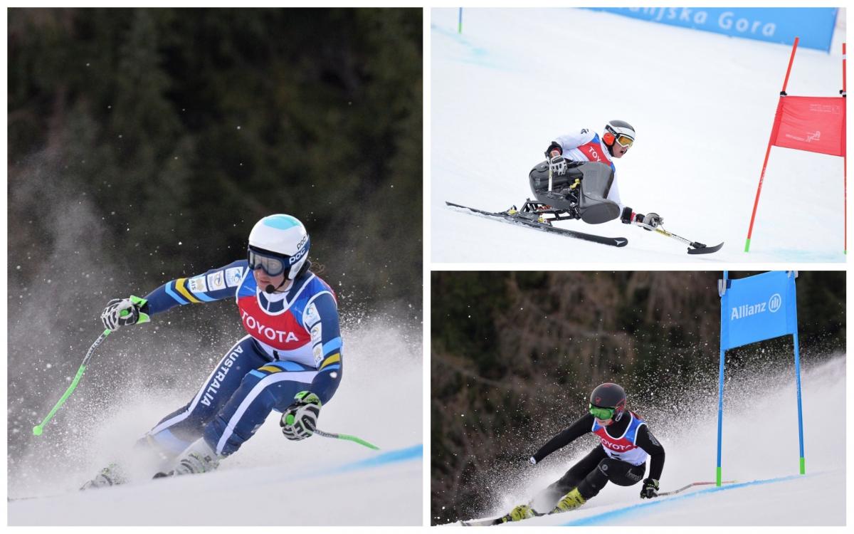 three Para alpine skiers on the slopes