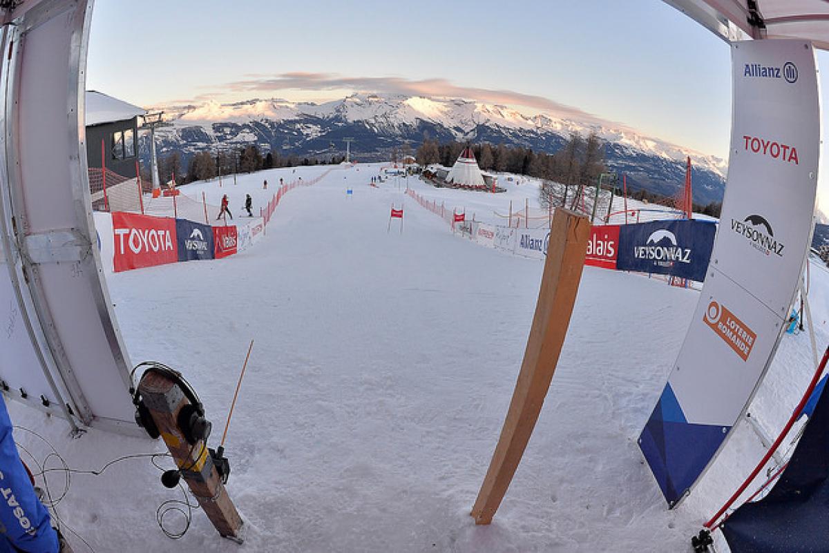 wide shot from the top of an alpine skiing slalom course