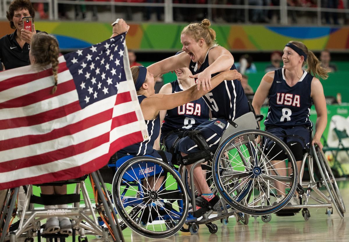 US women wheelchair basketball players celebrating
