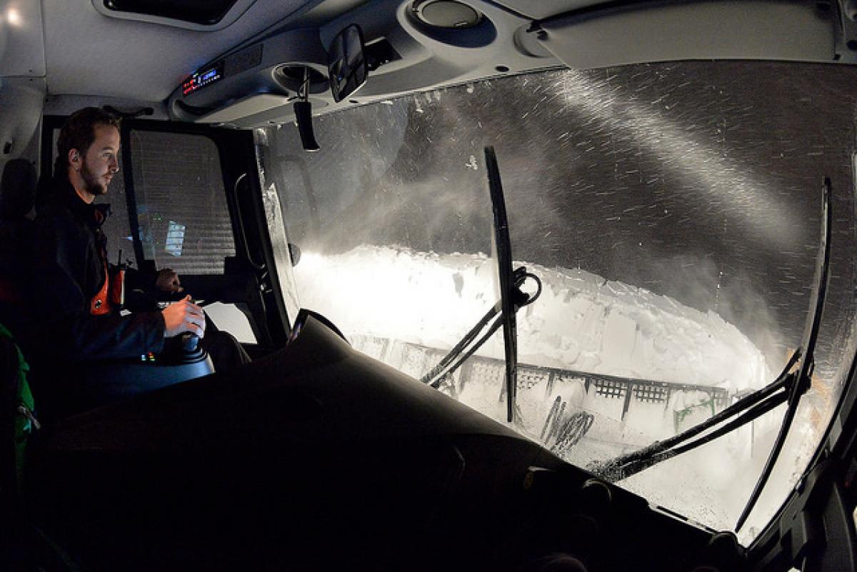 Snowcat in Tignes alpine skiing World Cup Photo from inside a snow plow