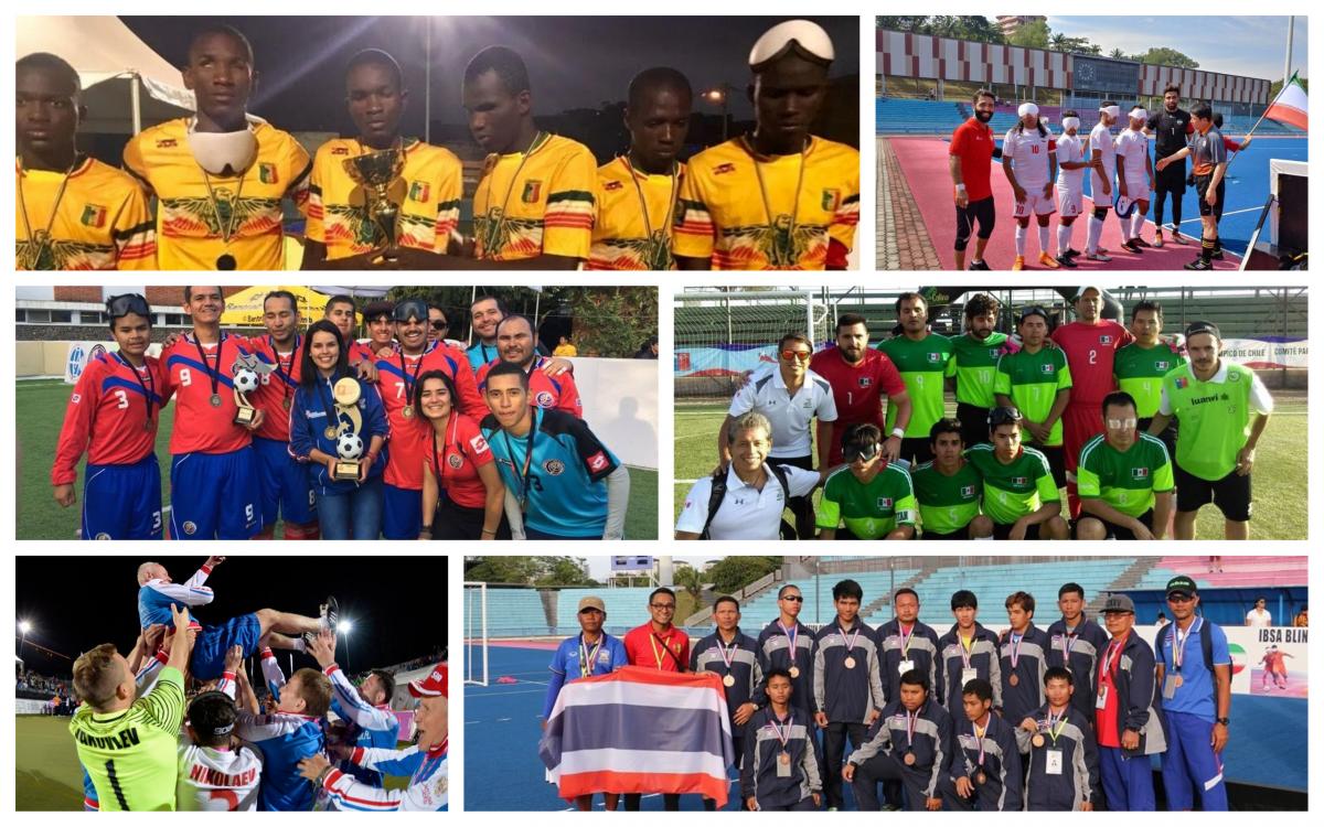 Blind football collage blind footballer players celebrating with a trophy