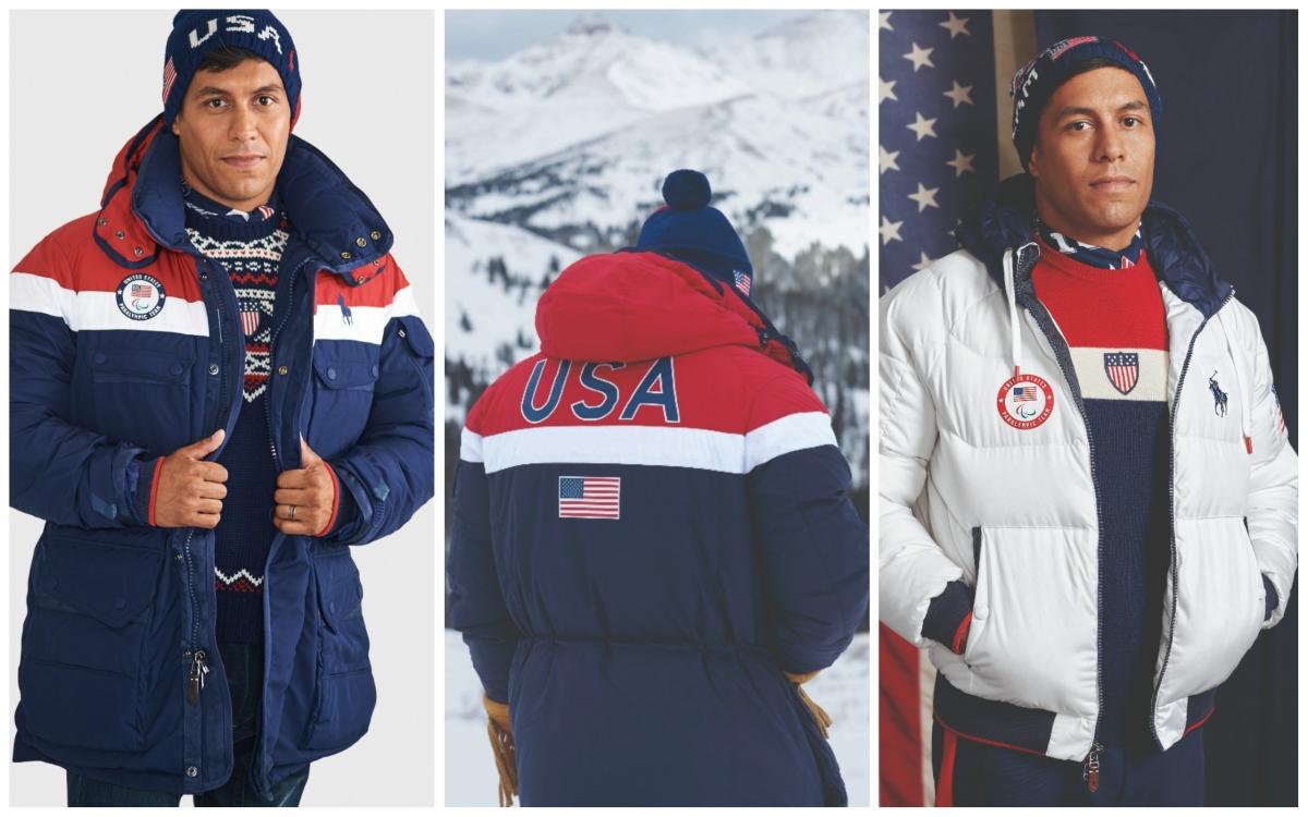 a man modelling winter jackets with the USA logo on them