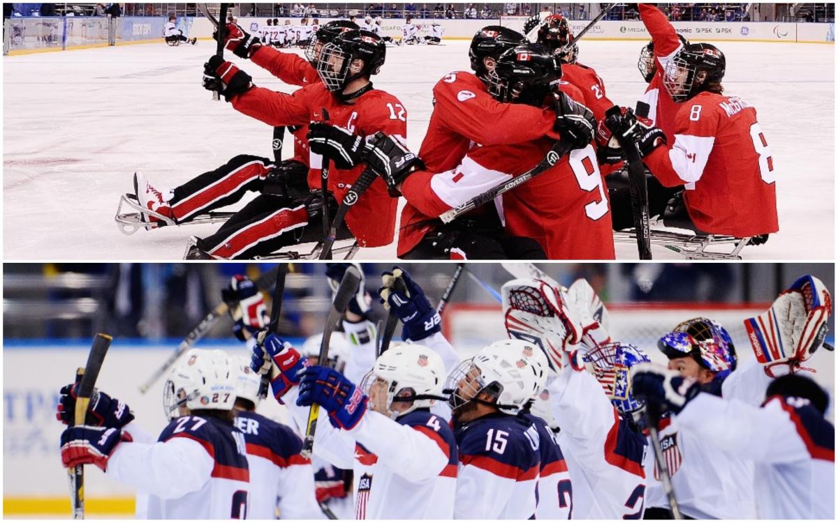 two Para ice hockey teams celebrating on the ice