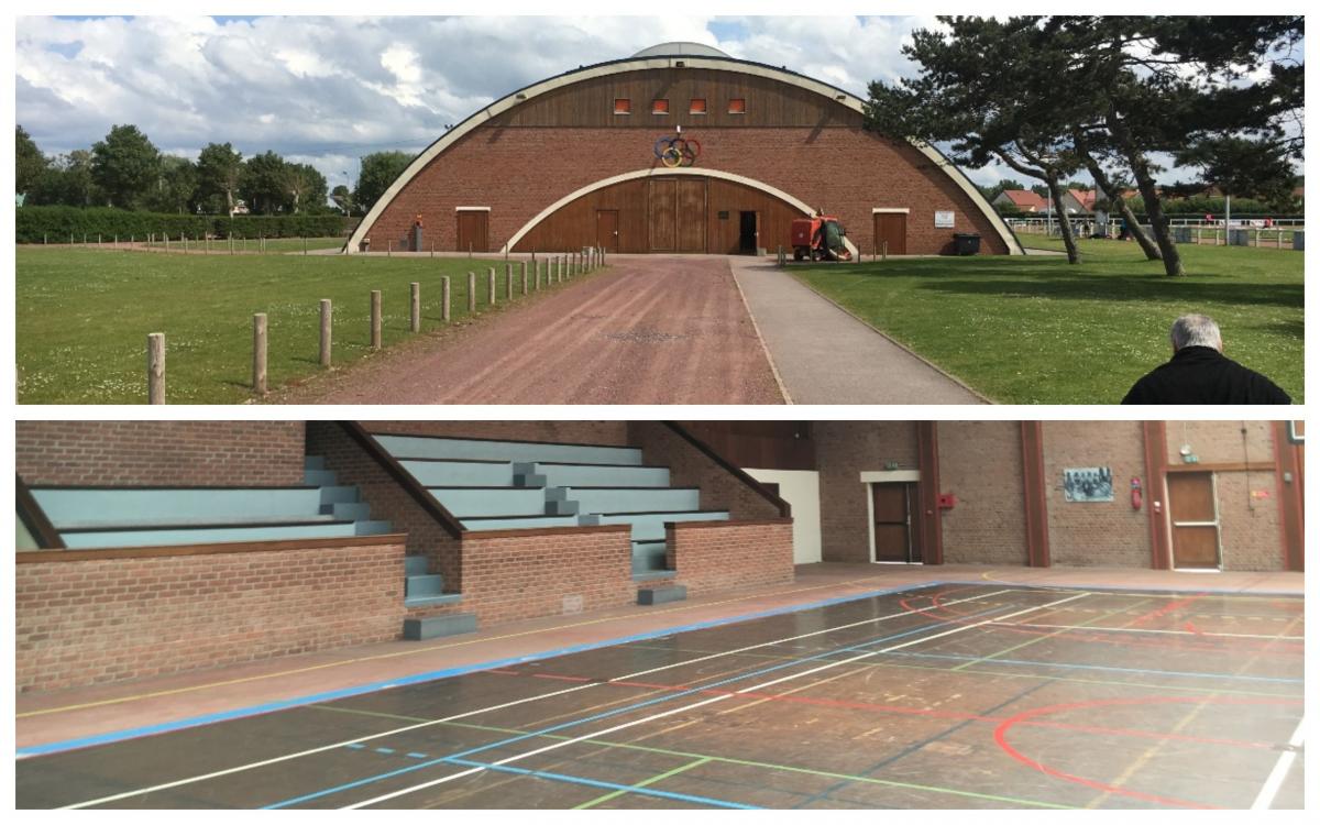 exterior and interior views of a sports hall