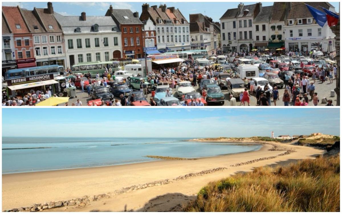 a town square and a beach