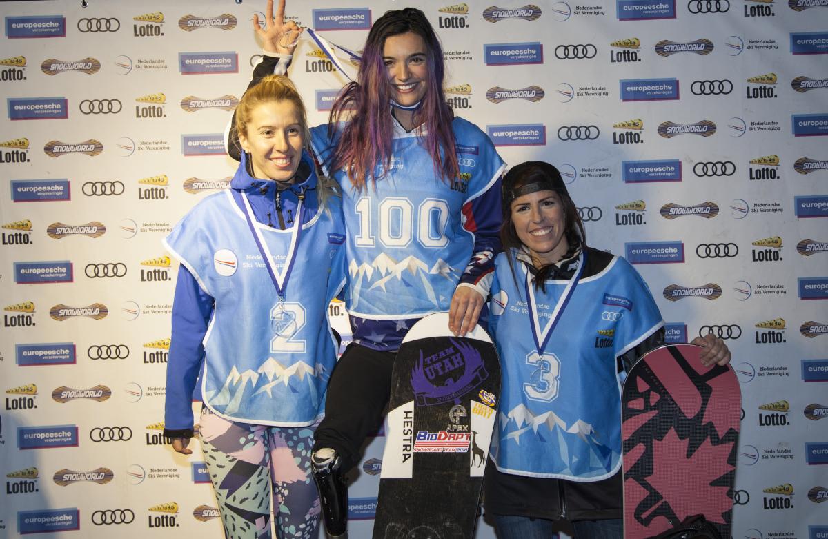 Brenna Huckaby, Cecile Hernandez-Cervellon - Landgraaf 2017 three female Para snowboarders on the podium