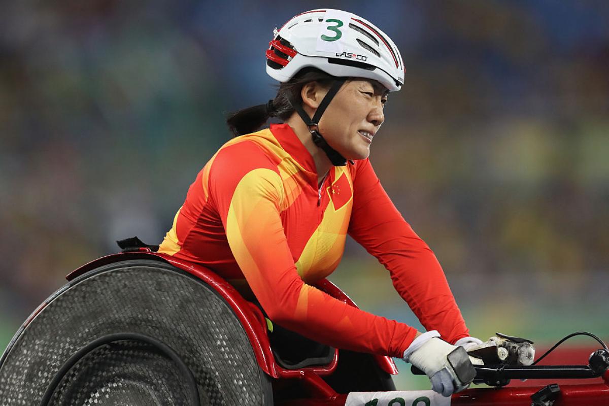 Hongzhuan Zhou of China prepares to compete in the Women's 800m - T53 Final at the Rio 2016 Paralympic Games. 