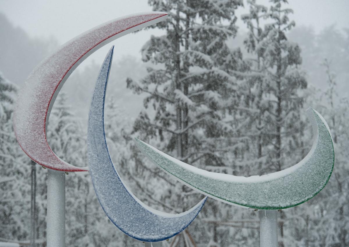 Paralympic Village snowy Agitos - PyeongChang 2018 the Agitos symbol covered in snow at the PyeongChang 2018 Paralympic Village