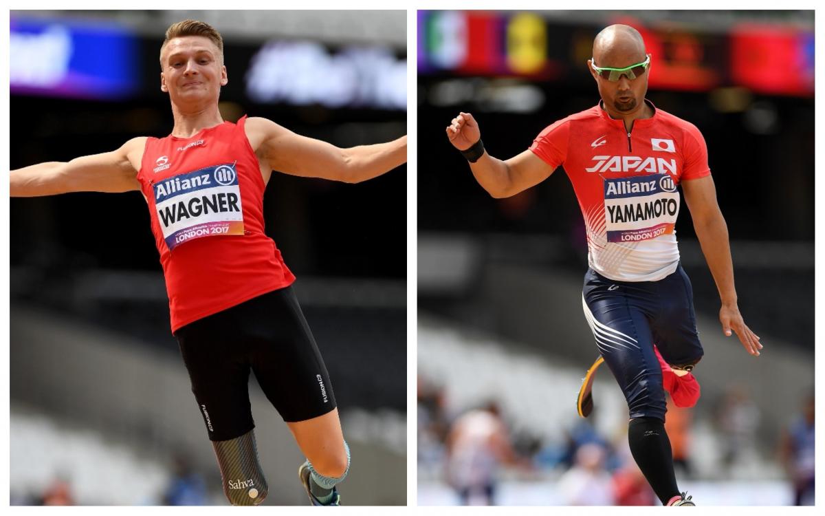 two long jumpers jumping into the sand