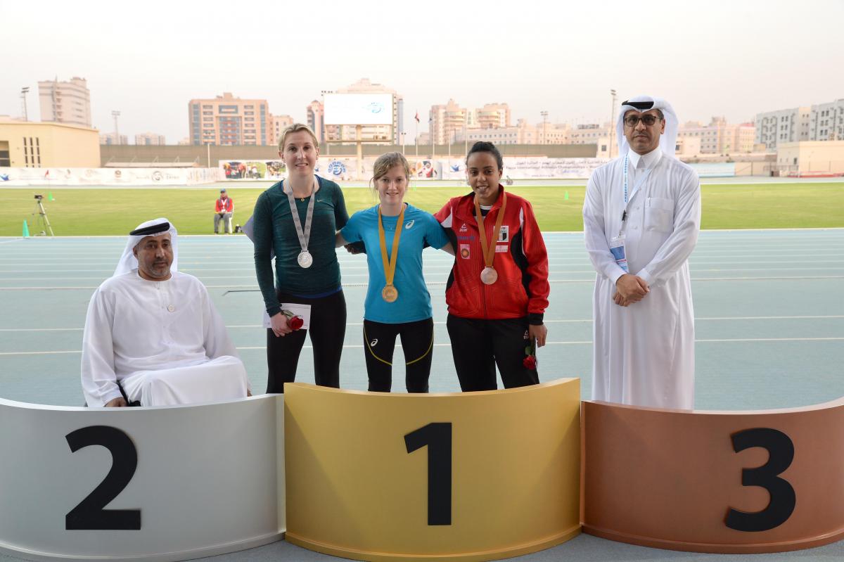 Great Britain's Sophie Hahn celebrates winning gold in the 200m T35/36/37/38. at the 2018 World Para Athletics Grand Prix in Dubai.