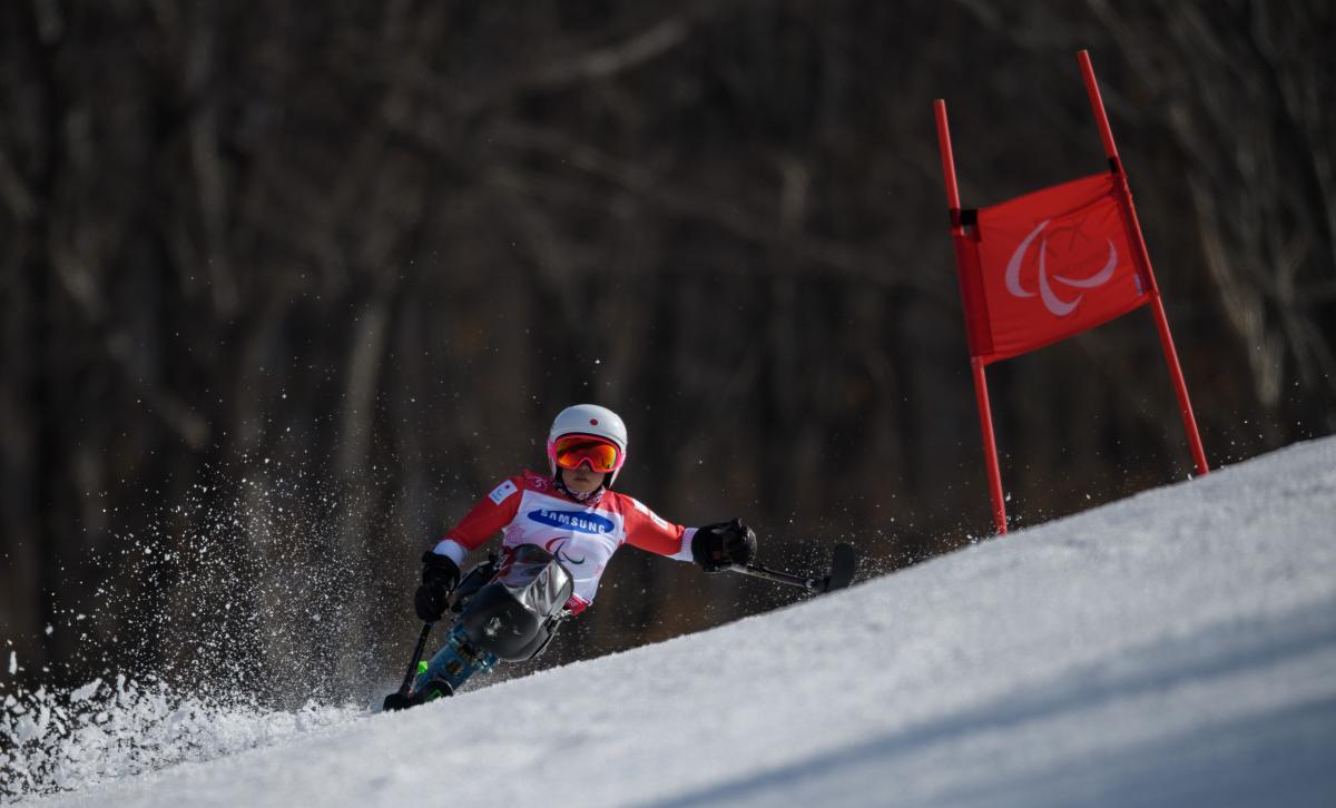 Momoka Muraoka competes during the Alpine Skiing Sitting Women’s Giant Slalom run 2