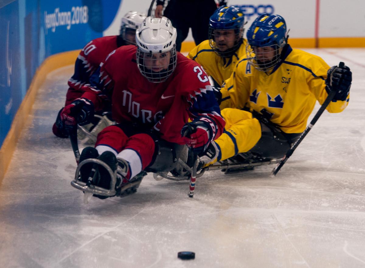 Para ice hockey matches for fifth and seventh place Para ice hockey players in action