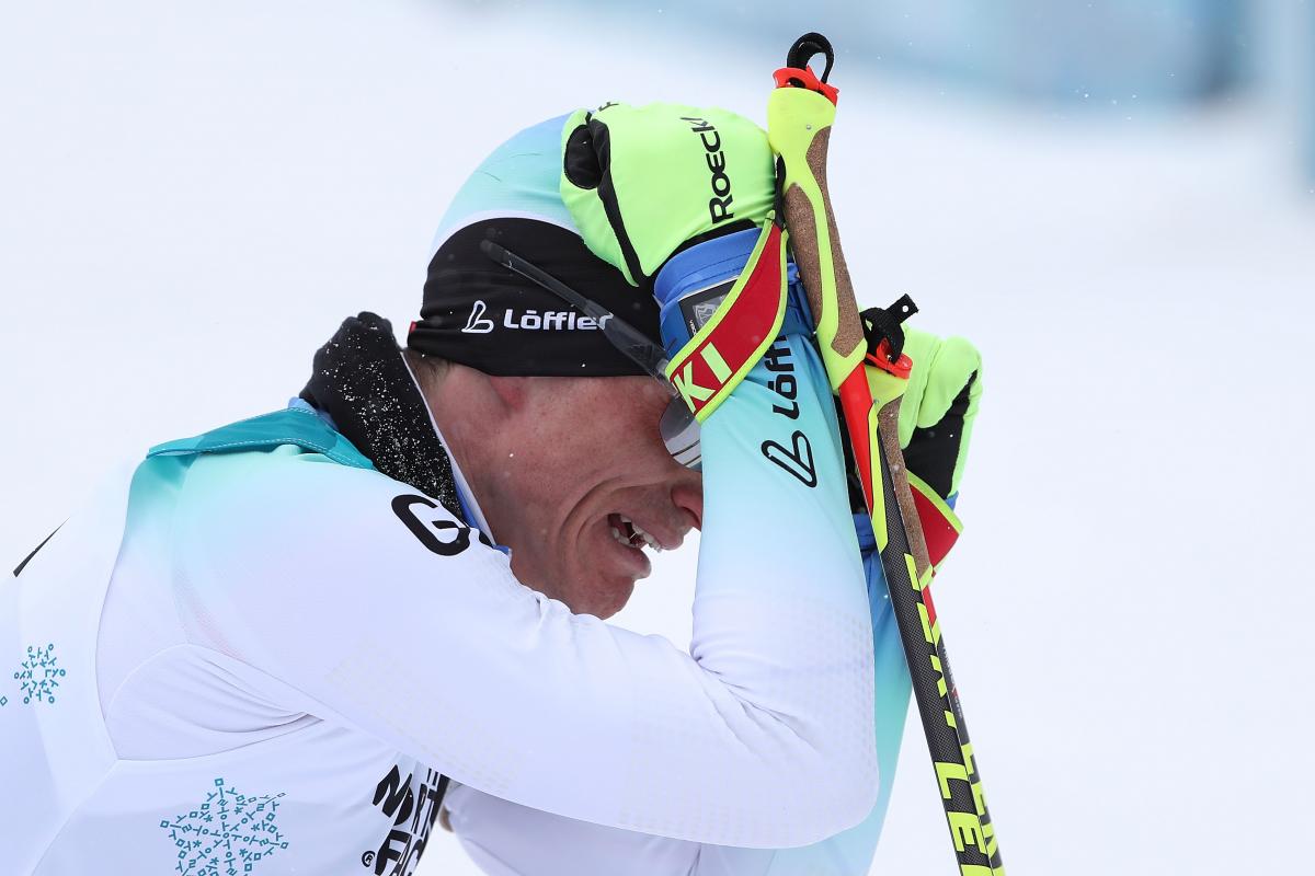 Martin Fleig- PyeongChang 2018 a male sit skier cries on the finish line