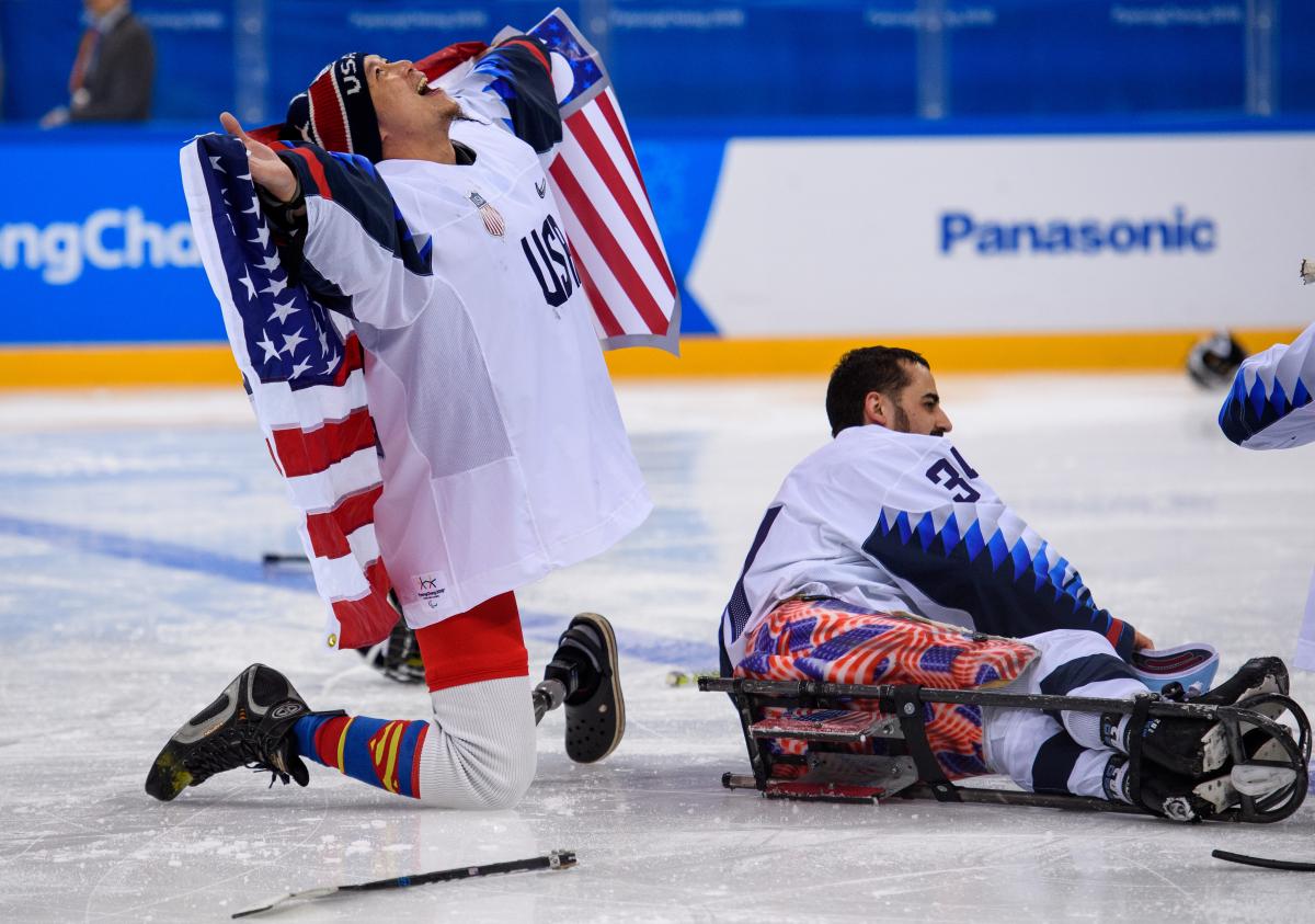 USA´s Jen Lee celebrates after defeating Canada 2-1 in the Para ice hockey final at PyeongChang 2018