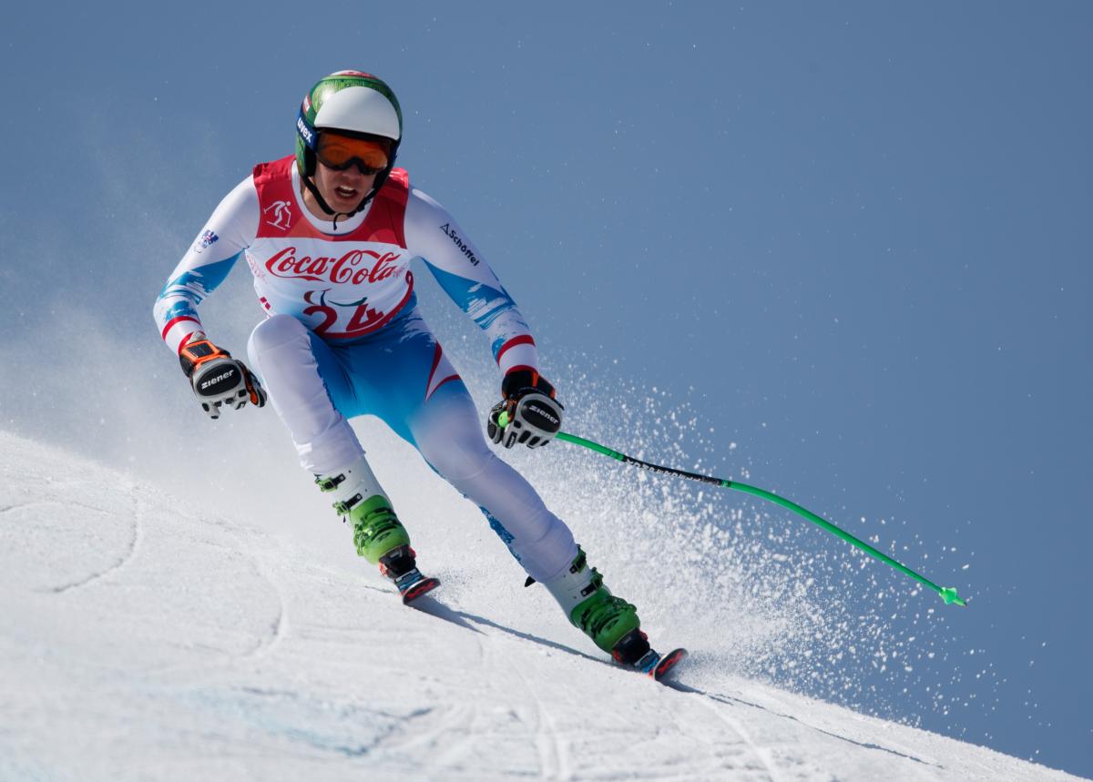 Markus Salcher - PyeongChang 2018 a male standing Para alpine skier in action