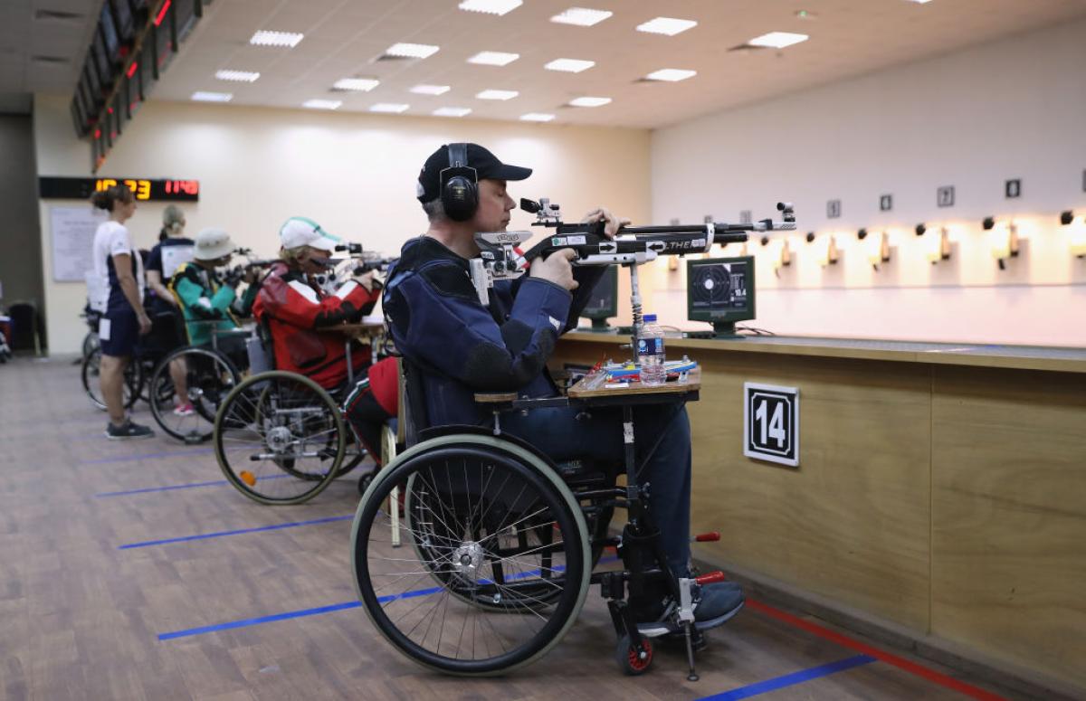 Alain Quittet of France competes in the R5 10m Air Rifle Prone Mixed SH2 during the 2018 World Shooting Para Sport World Cup at Al Ain.