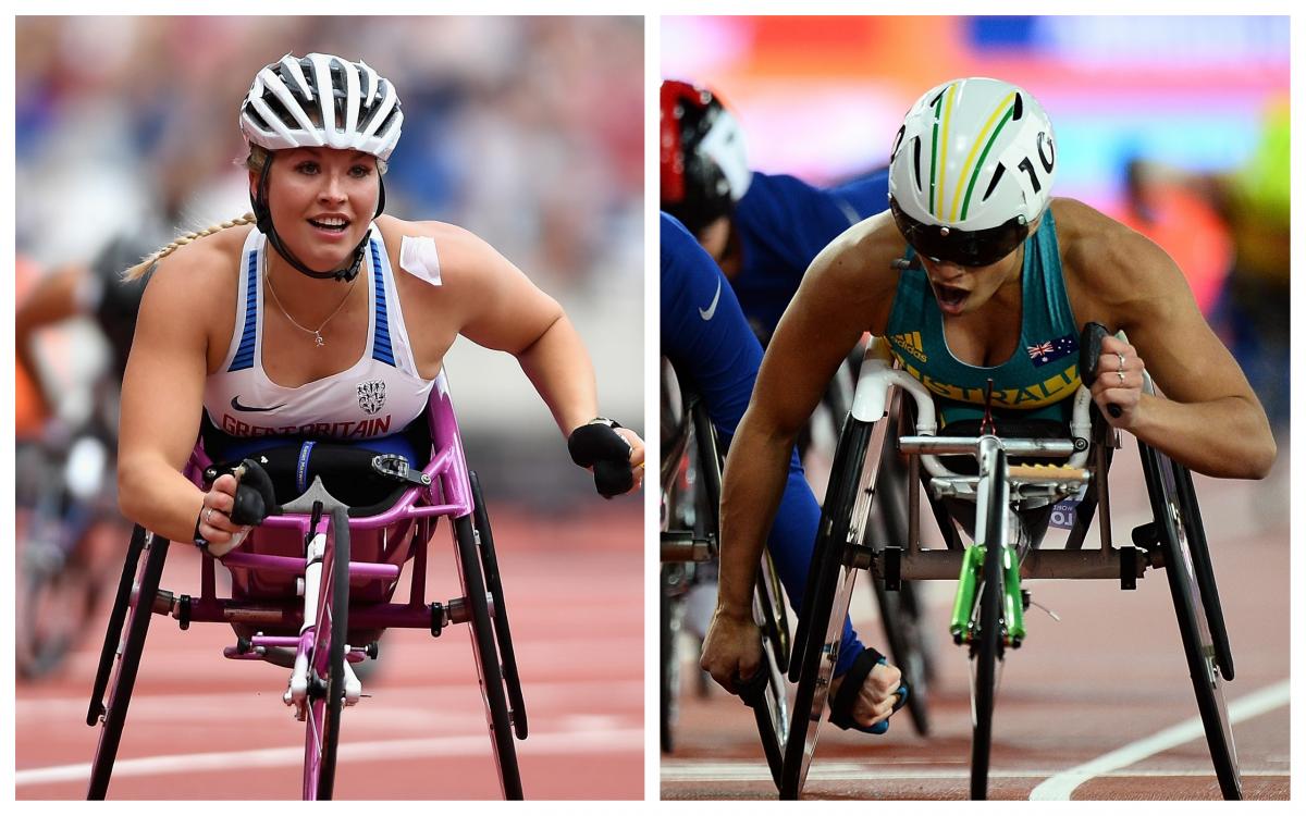 two female wheelchair athletes crossing the line