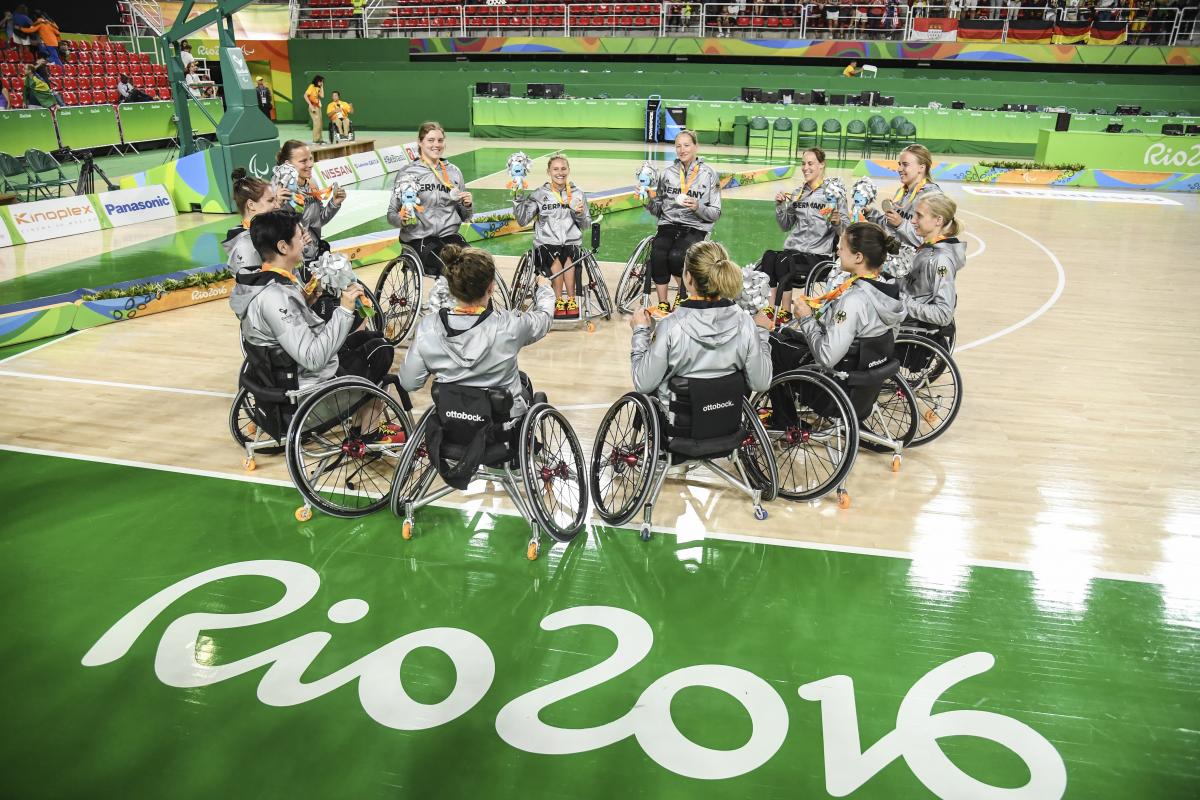 Germany women's wheelchair basketball - Rio 2016 A group of female wheelchair basketballers in a circle