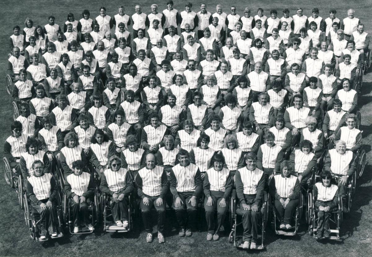 John Clark (second row in the back; fourth from the right) as part of Great Britain's team for the 1984 Paralympics 