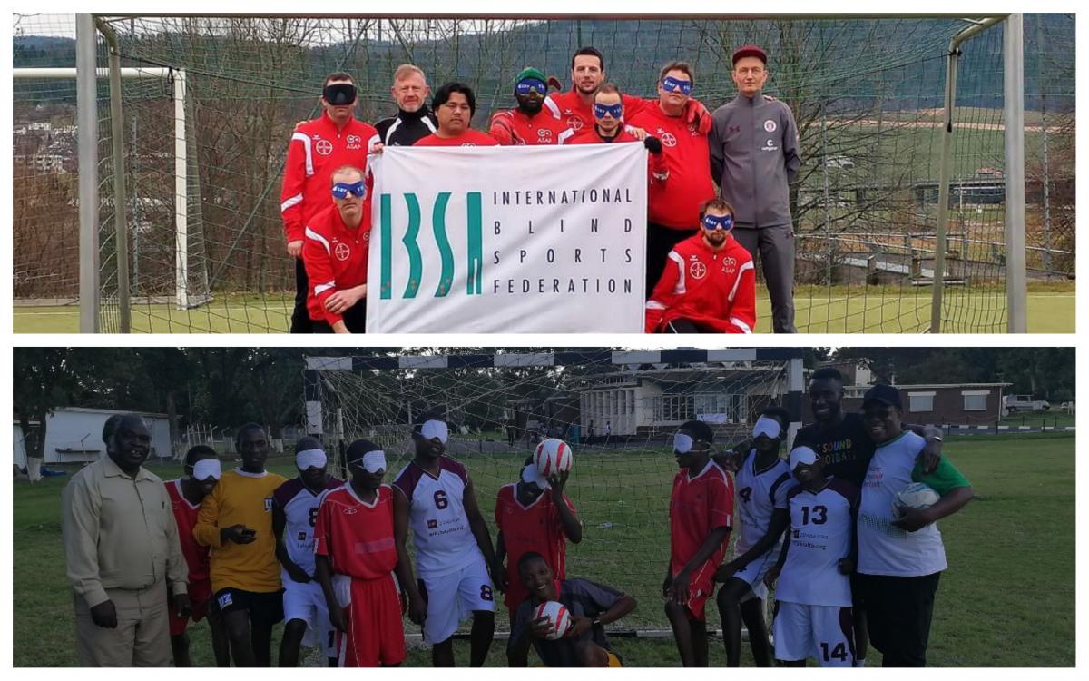 two groups of blind footballers smile for the camera