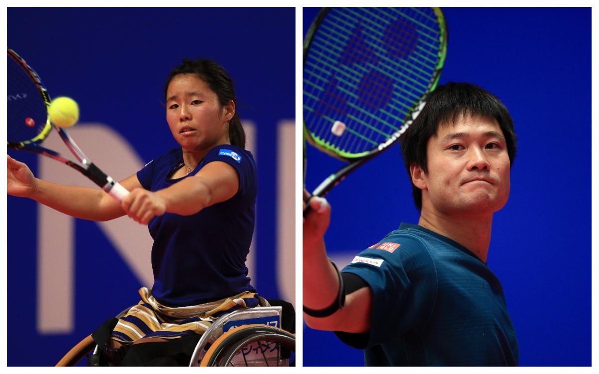 Shingo Kunieda and Yui Kamiji - collage a male and female wheelchair tennis player in action