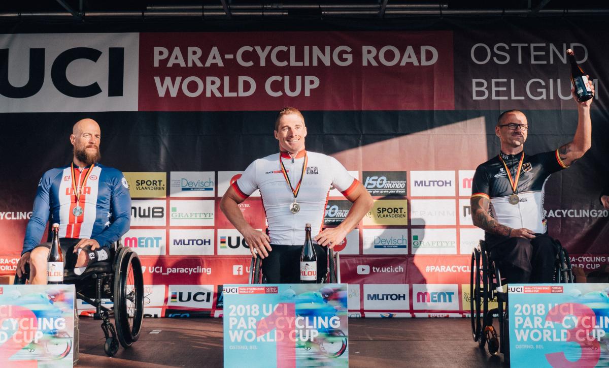 Jetze Plat - Ostend Road World Cup three male Para cyclists on the podium