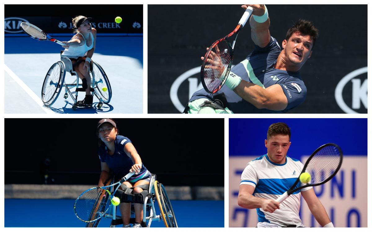 four wheelchair tennis players hitting shots on court