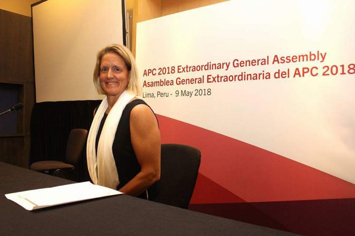 Julie O´Neill Dussliere - APC President - 2018 Extraordinary General Assembly USA´s Julie O´Neill Dussliere after being appointed APC President