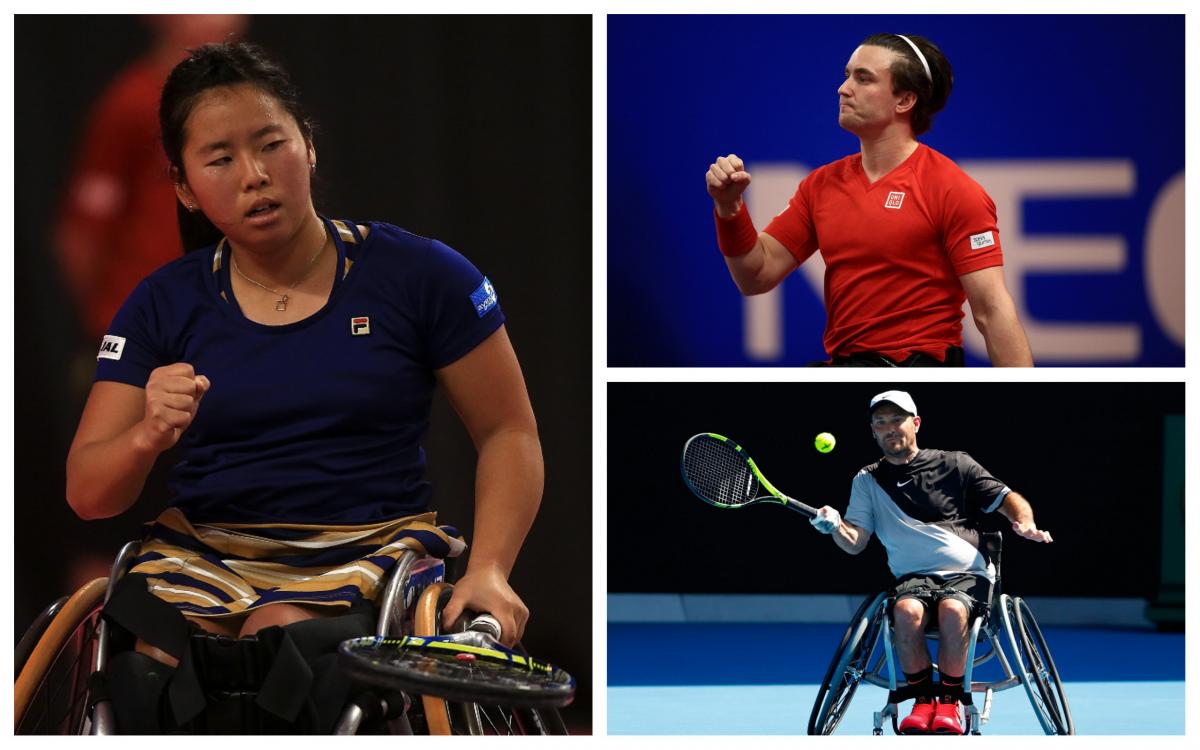 three wheelchair tennis players in action