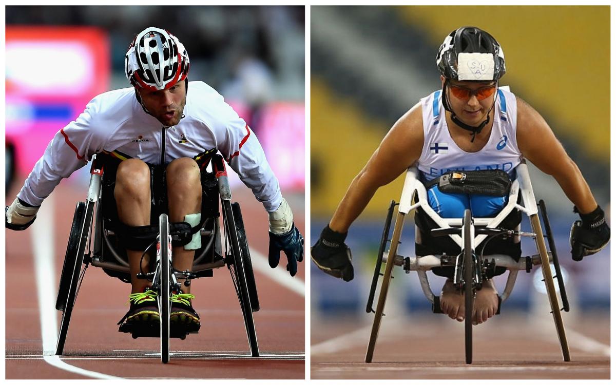 two male wheelchair racers sprint for the line