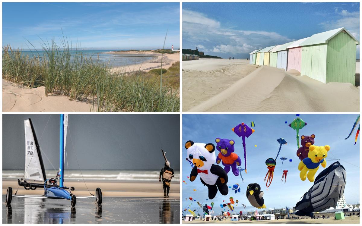 Berck-Sur-Mer collage a beach, beach huts and inflatable animals flying as kites