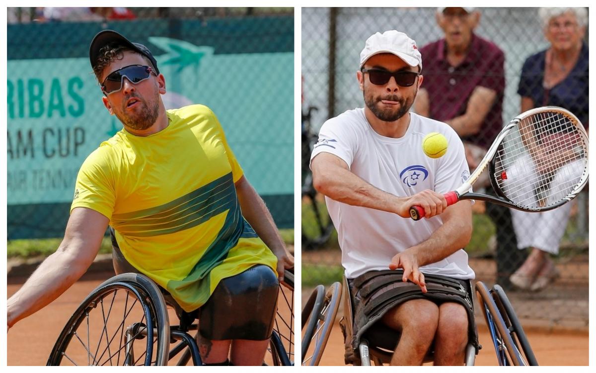 two male wheelchair tennis players in action