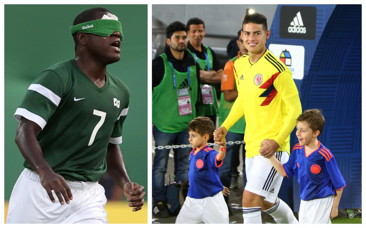 Jefinho and James Rodriguez a male blind footballer and a male able-bodied footballer on the pitch