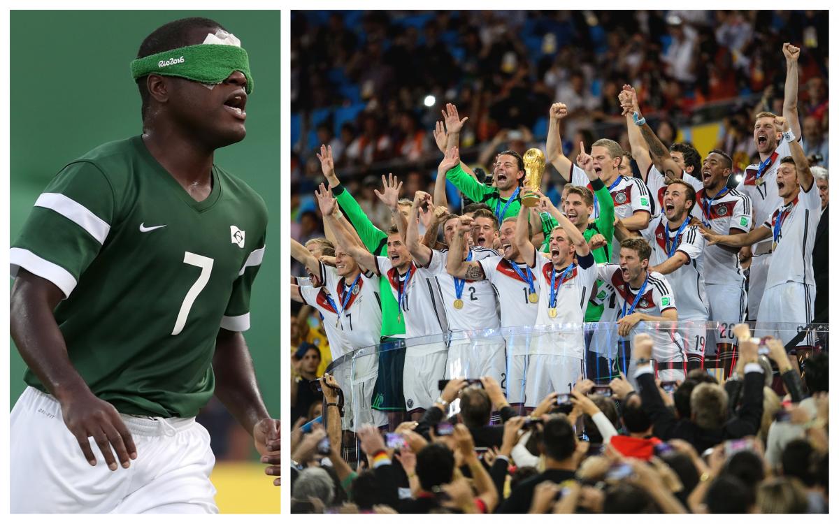Jefinho and Germany World Cup 2014 a male blind footballer and a group of able-bodied footballers holding the World Cup